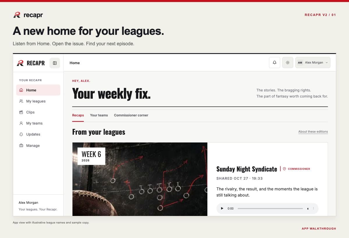 Recapr Home with inline listening and a published edition for an example league.