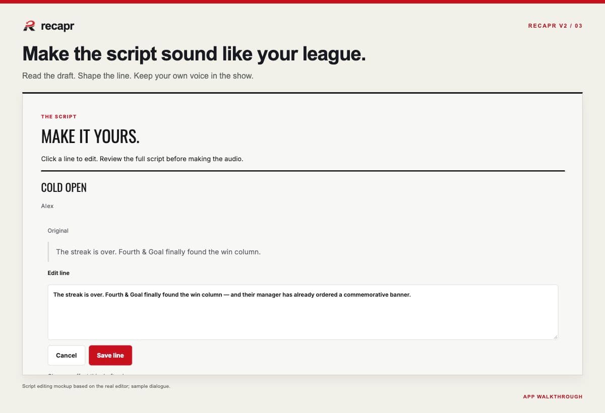 A script-editing mockup using the real Recapr editor layout and example dialogue.