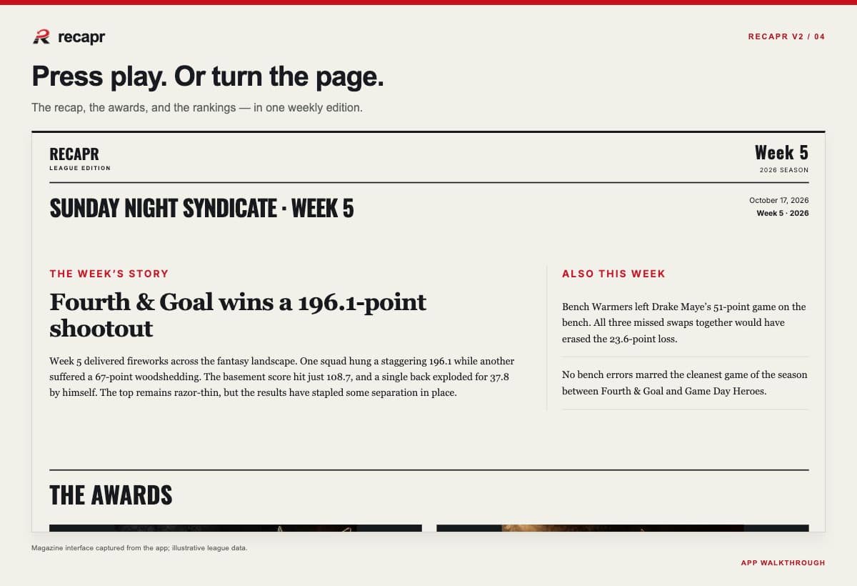 Recapr weekly e-magazine with an example league story, awards, and power rankings.