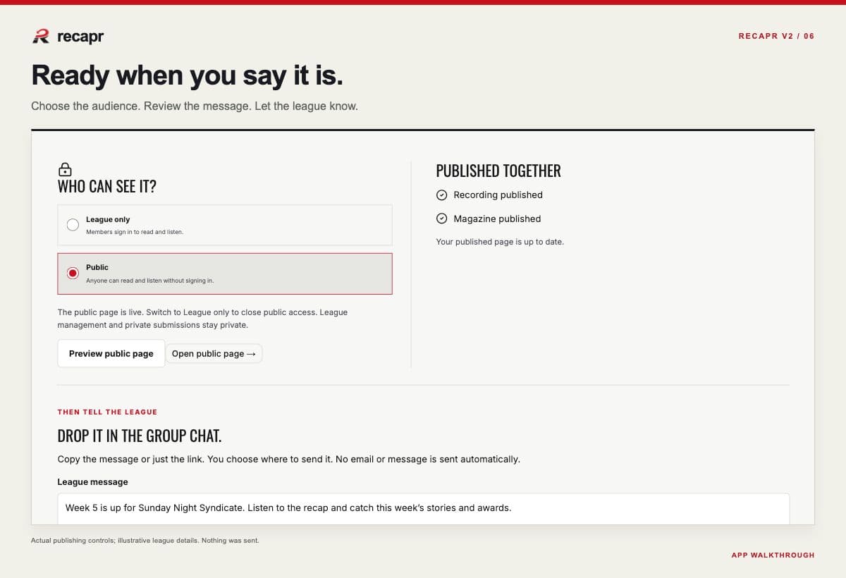 Recapr controls for choosing the published audience and sharing the league message.