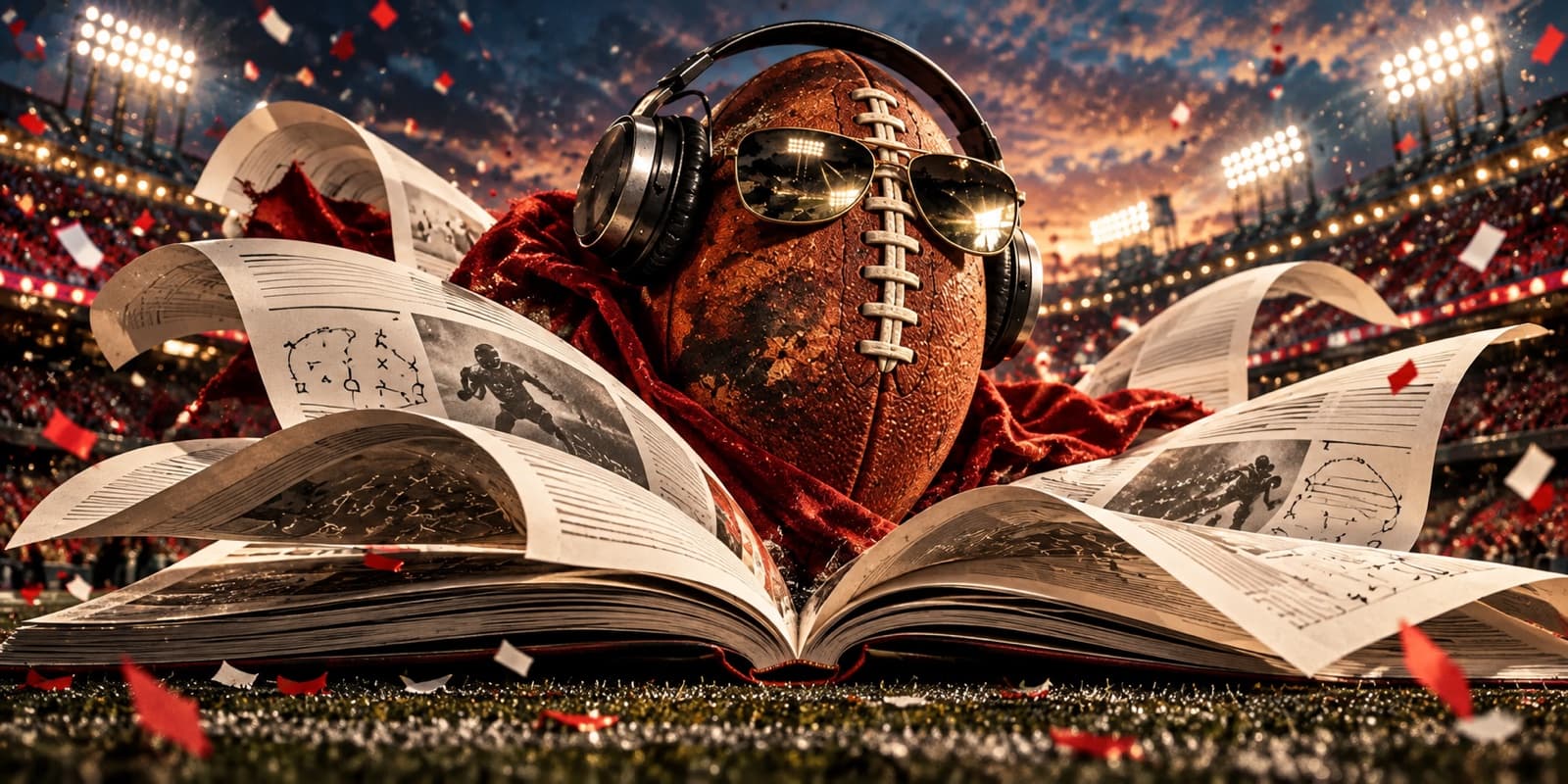 A football wearing headphones and sunglasses rises from an open sports magazine under stadium lights, with red and ivory confetti flying.